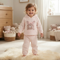 N34607:  Baby Pink Bunny Hooded Plush Fleece Top & Jog Pant Set (6-24 Months)